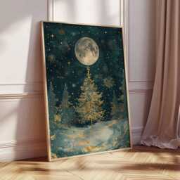 Christmas Tree Poster, Illustration Style Holiday Wall Art, Golden Moon Decor, Snowy Night Festive Print, Elegant Artwork - thumbnail 2