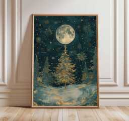 Christmas Tree Poster, Illustration Style Holiday Wall Art, Golden Moon Decor, Snowy Night Festive Print, Elegant Artwork - thumbnail 1
