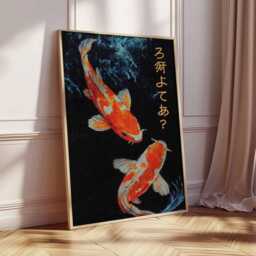 Japanese Koi Fish Wall Art Print, Traditional Asian Style Poster, Zen Home Decor, Vibrant Orange & Black Water Artwork - thumbnail 2