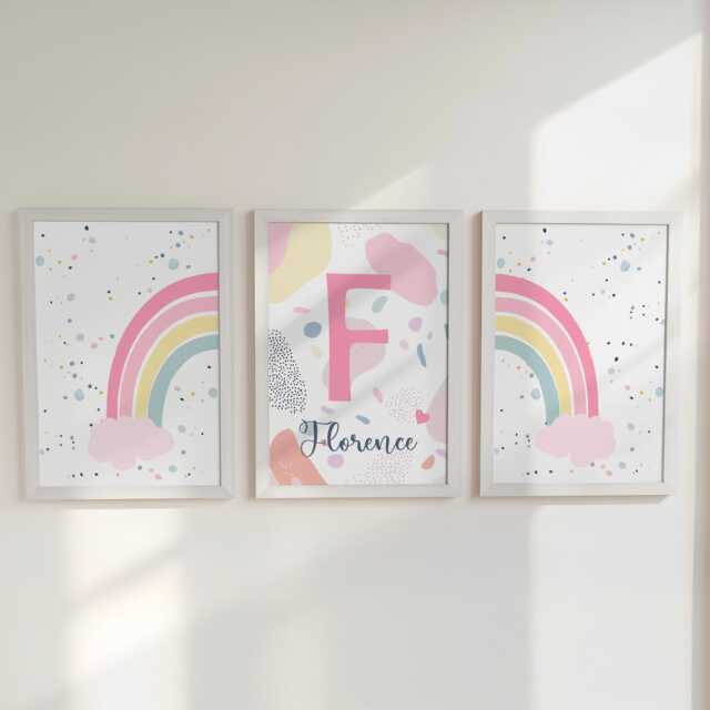 Girls Personalised Nursery Wall Prints, Pastel Pink Rainbow, Set Of 3 Custom Baby Name Bedroom Decor, Framed Kids Pictures Playroom Posters - image 1