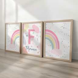 Girls Personalised Nursery Wall Prints, Pastel Pink Rainbow, Set Of 3 Custom Baby Name Bedroom Decor, Framed Kids Pictures Playroom Posters - thumbnail 2