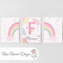 Girls Personalised Nursery Wall Prints, Pastel Pink Rainbow, Set Of 3 Custom Baby Name Bedroom Decor, Framed Kids Pictures Playroom Posters - thumbnail 3