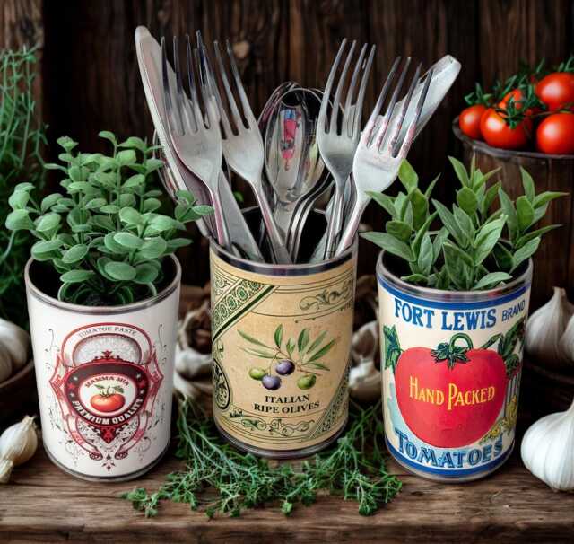 Italian Vintage Retro Herb Planters Tin Cans. Kitchen Indoor Plant Planter Pots - image 1