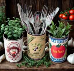 Italian Vintage Retro Herb Planters Tin Cans. Kitchen Indoor Plant Planter Pots