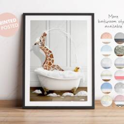 Giraffe Squirting Water A Bath Print, Bathing, Funny Bathroom Animal in Bathtub, Tub Whimsy - thumbnail 2