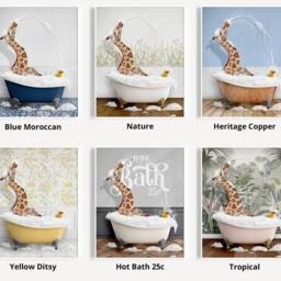 Giraffe Squirting Water A Bath Print, Bathing, Funny Bathroom Animal in Bathtub, Tub Whimsy - thumbnail 3