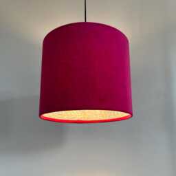 Cerise Velvet Drum Lampshade, Double Sided Lampshade With William Morris Blue Willow Cotton Interior, Ceiling Light Shade - thumbnail 2