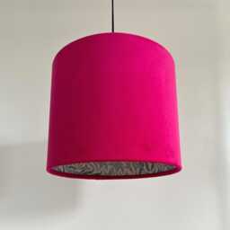 Cerise Velvet Drum Lampshade, Double Sided Lampshade With William Morris Blue Willow Cotton Interior, Ceiling Light Shade - thumbnail 1