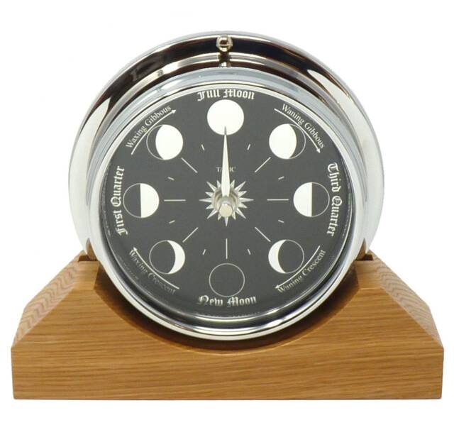 Handmade Prestige Moon Phase Clock in Chrome On An English Oak Mantel/Display Mount - image 1