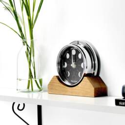 Handmade Prestige Moon Phase Clock in Chrome On An English Oak Mantel/Display Mount - thumbnail 2
