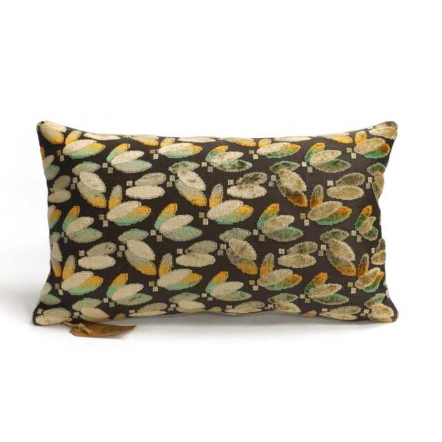 Vintage Cut Velvet Lumbar Pillow Cover, Beige Green Goldenrod Floral - image 1