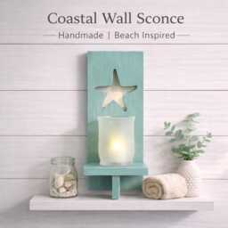 Coastal Candle Sconce-Beach Wall Sconce-Nautical Decor-starfish Sconce-Coastal Bathroom Decor-Handmade Wood Shelf-Beach House Gift - thumbnail 1