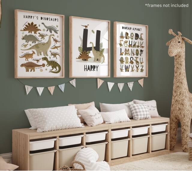 Set Of 3 Dinosaur Posters, Personalised Name Print, Alphabet Bedroom Decor, Playroom Prints - image 1
