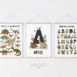 Set Of 3 Dinosaur Posters, Personalised Name Print, Alphabet Bedroom Decor, Playroom Prints - thumbnail 2