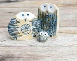 Handmade Ceramic Owl Family Sculpture, Shelf Decor, Gifts - thumbnail 1