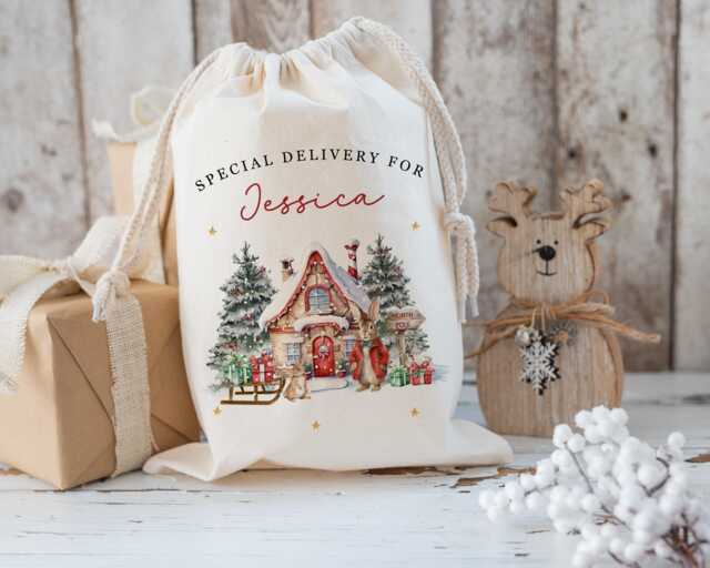 xl Personalised Santa Sack, Christmas Gift Bag, Rabbit in Jacket Stocking Filler, Father Christmas, Traditional - image 1