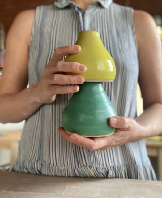 Handmade Ceramic Vase Pair Sea Foam Green & Yellow, Minimalist Decor - image 1