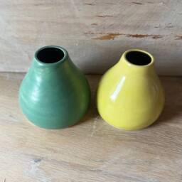Handmade Ceramic Vase Pair Sea Foam Green & Yellow, Minimalist Decor - thumbnail 3