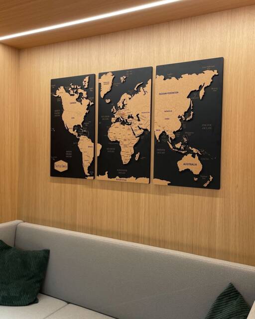 Push Pin World Wood Map Apartment Decor, Large Wall Art 5Th Anniversary Gift, Travel Couples Gift 3 Piece Above Bed Decor - image 1