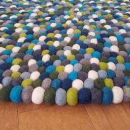 Blue Tone Felt Ball Rug Handmade Wool Pom Carpet - thumbnail 2