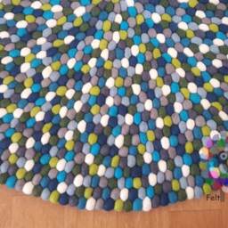 Blue Tone Felt Ball Rug Handmade Wool Pom Carpet - thumbnail 3