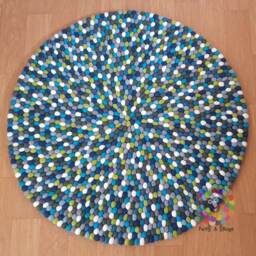 Blue Tone Felt Ball Rug Handmade Wool Pom Carpet - thumbnail 4