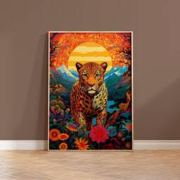 Leopard Art Print Colorful Floral Mosaic, Big Cat Home Decor - thumbnail 1