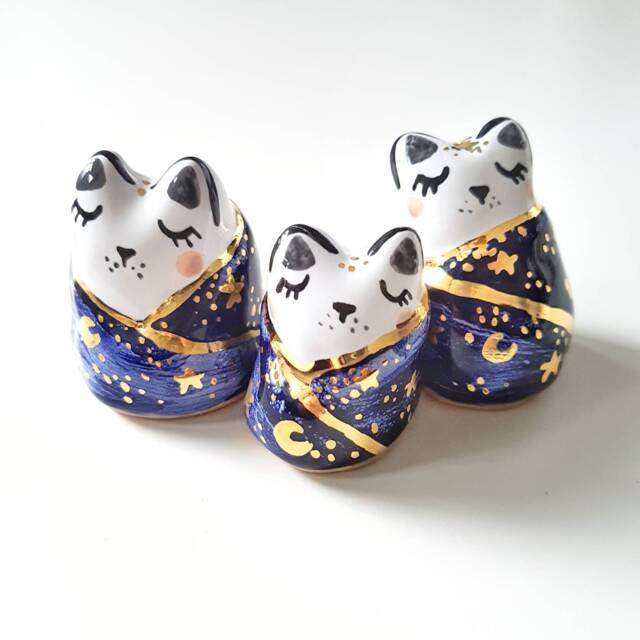 Moon Phases Cat Figurine, Celestial Art, Galaxy Sculpture, in A Scarf, Blanket, Crescent Cat, Ceramic - image 1