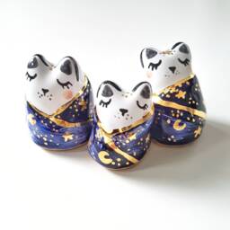 Moon Phases Cat Figurine, Celestial Art, Galaxy Sculpture, in A Scarf, Blanket, Crescent Cat, Ceramic - thumbnail 1