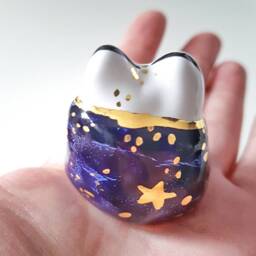 Moon Phases Cat Figurine, Celestial Art, Galaxy Sculpture, in A Scarf, Blanket, Crescent Cat, Ceramic - thumbnail 3