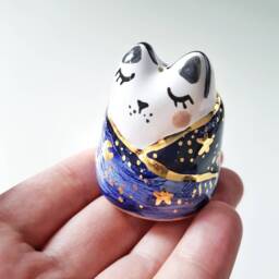 Moon Phases Cat Figurine, Celestial Art, Galaxy Sculpture, in A Scarf, Blanket, Crescent Cat, Ceramic - thumbnail 2