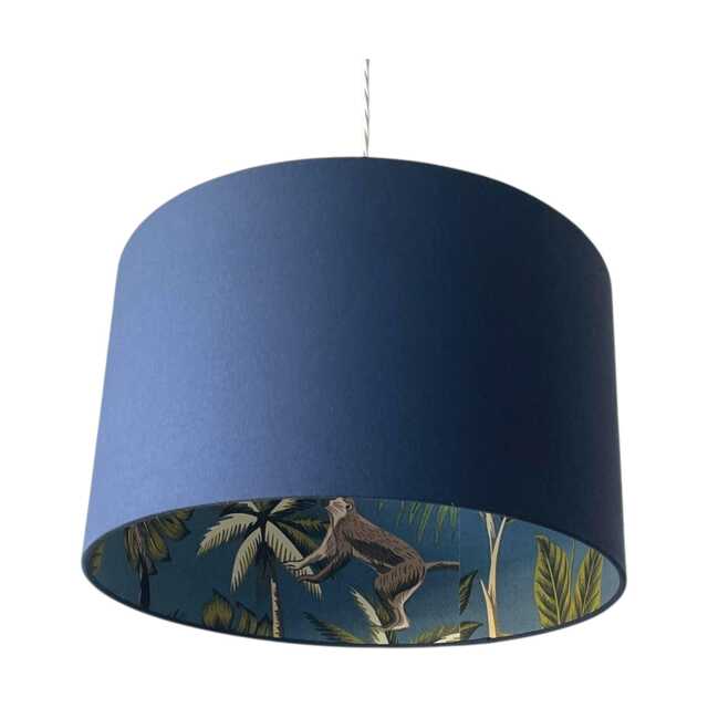 Navy Blue Cotton Monkey Palm Tree Botanical Drum Lampshade - image 1