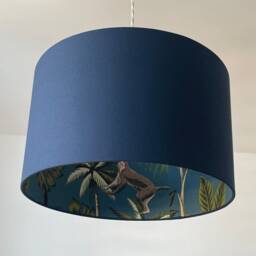 Navy Blue Cotton Monkey Palm Tree Botanical Drum Lampshade - thumbnail 2