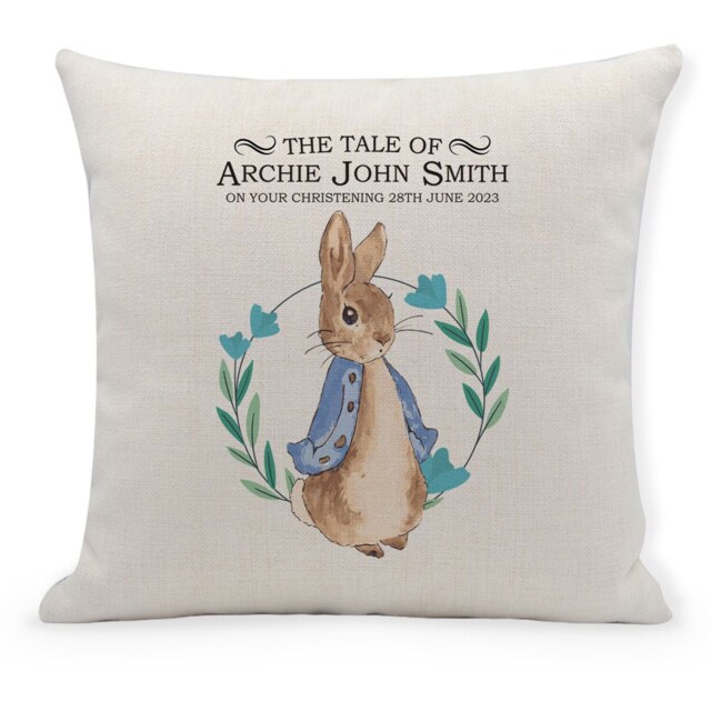 Personalised Christening Cushion For Baby Boy, Peter Rabbit, Nursery, Gift, Blue - image 1