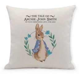 Personalised Christening Cushion For Baby Boy, Peter Rabbit, Nursery, Gift, Blue - thumbnail 1