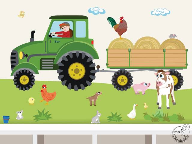 Tractor With Trailer Large Wall Decal, Customizable - Farm-Themed Children's Room Sticker Hand-Drawn, Made in Germany - image 1