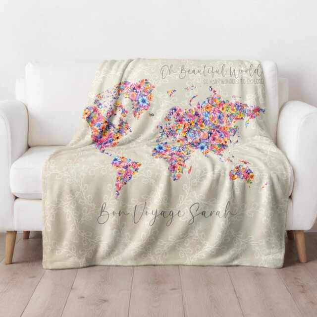 Personalised Travel Travelling Floral World Map Sherpa Fleece Blanket - image 1