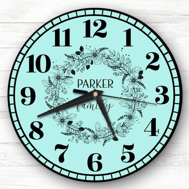 Mint Blue Black Floral Wreath Family Name Personalised Gift Clock - image 1