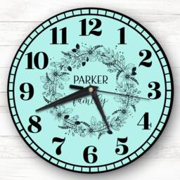 Mint Blue Black Floral Wreath Family Name Personalised Gift Clock - thumbnail 1