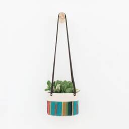 Medium Natural Canvas Hanging Planter - Turquoise