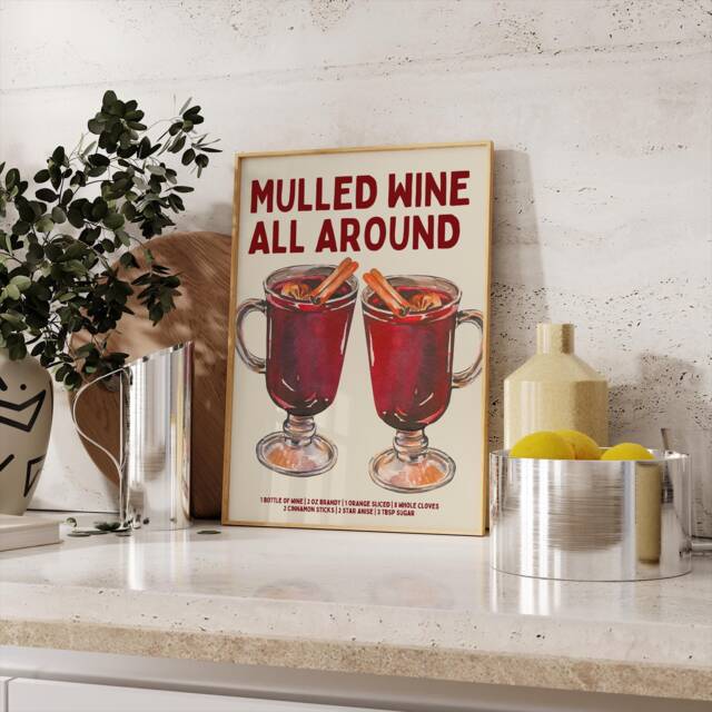 Mulled Wine Poster - Print Cocktail Recipe Bar Cart Print Cart Decor Kitchen Wall Art Christmas Prints - image 1