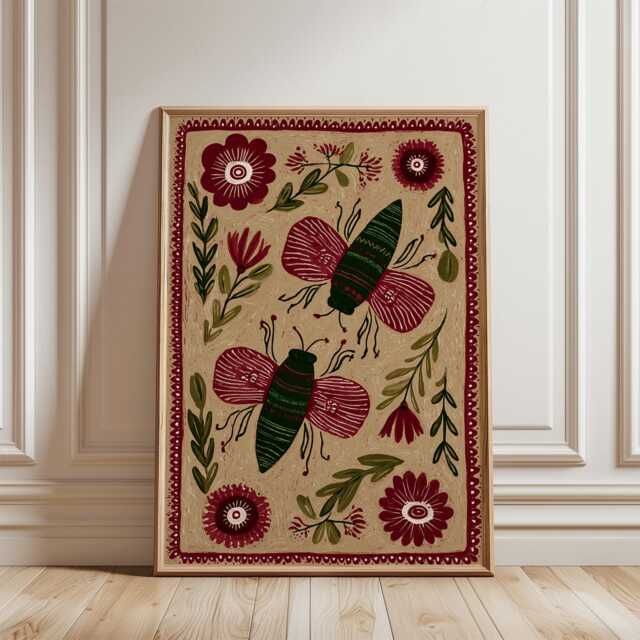 Folk Art Beetle Poster - Burgundy Green Botanical Print Whimsical Insect Floral Illustration - image 1