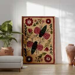 Folk Art Beetle Poster - Burgundy Green Botanical Print Whimsical Insect Floral Illustration - thumbnail 3