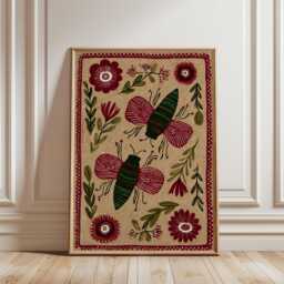Folk Art Beetle Poster - Burgundy Green Botanical Print Whimsical Insect Floral Illustration - thumbnail 1