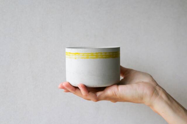 Concrete Planter With Yellow Strip - Round Minimalistic Concrete Succulent Pot Pot- Handcrafted Planter - image 1