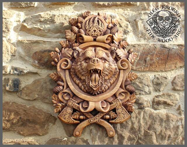 Viking Bear Wood Carving, Norse Pagan Wall Decor - image 1