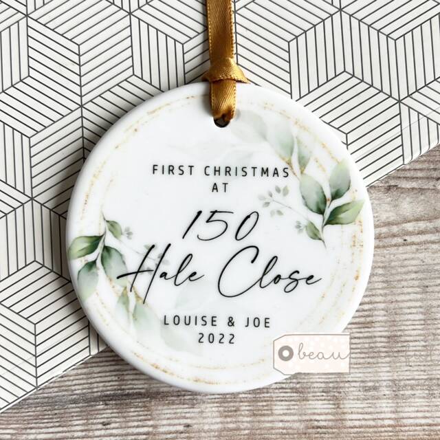 Personalised First Christmas At Address New Home Gift Eucalyptus Botanical Greenery Design Ceramic Or Acrylic Round Ornament Keepsake