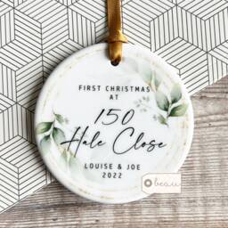Personalised First Christmas At Address New Home Gift Eucalyptus Botanical Greenery Design Ceramic Or Acrylic Round Ornament Keepsake