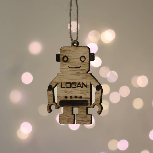Personalized Robot Christmas Bauble Oak Veneer Decoration - image 1