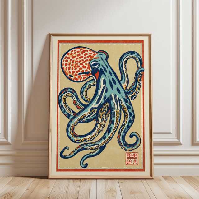 Blue Red Octopus Poster - Japanese Folk Linocut Illustration Marine Wall Art - image 1